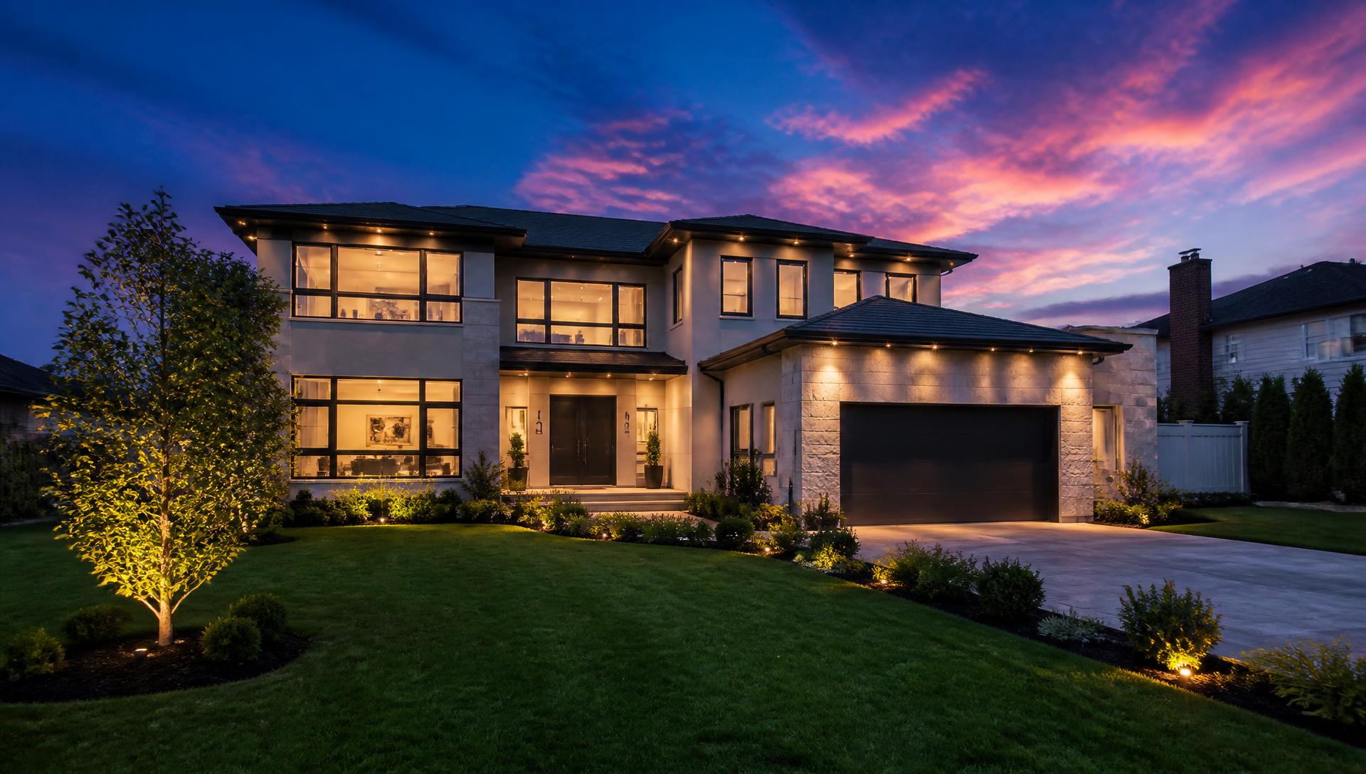 Luxury home exterior at dusk in Queens, New York